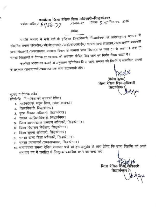 सिद्धार्थनगर में भारी वर्षा के चलते कक्षा 1 से 12 तक के सभी विद्यालयों में 26 सितंबर को अवकाश घोषित।
